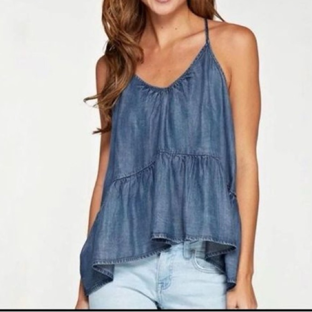 Love Stitch Light Chambray Ruffled Tiered Camisole, Size Medium